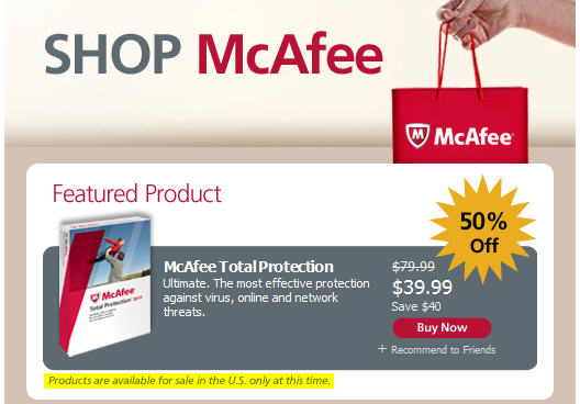 McAfee Facebook Store Selling Only to US McAfee Facebook Store Selling Only to US