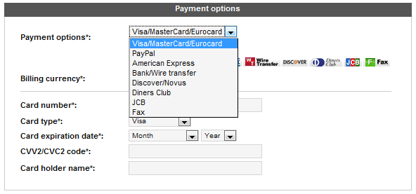 DropDownCCYes Payment Method List with Credit Cards Divided