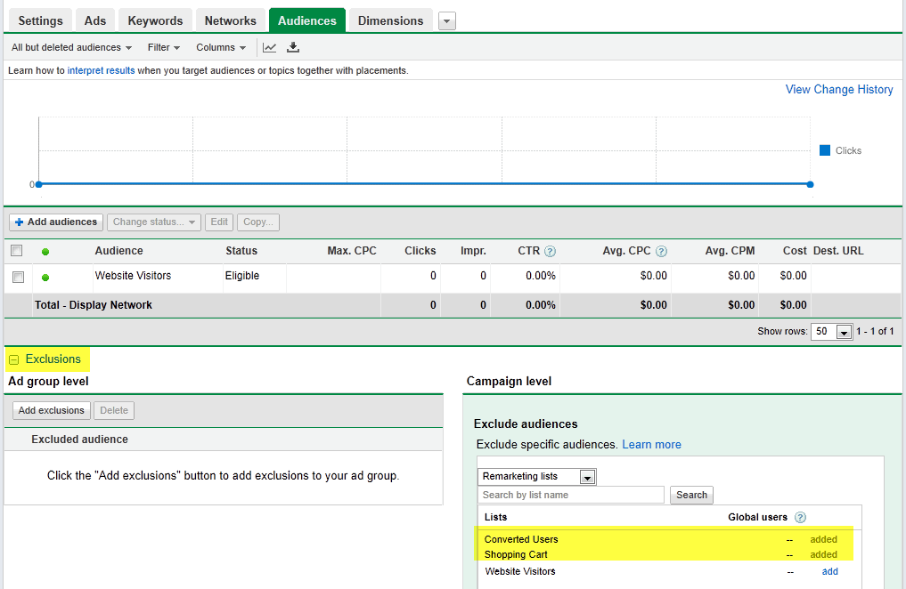 Remarketing Exclusions add converted users as a negative audience at the campaign or ad group level under “Exclusions”.